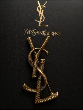 Saint Laurent Cassandre textured snake-pattern logo brooch